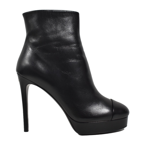 Chanel 21A Black Lambskin Leather CC Logo Platform Ankle Short Heel Boots 41 - Picture 1 of 8